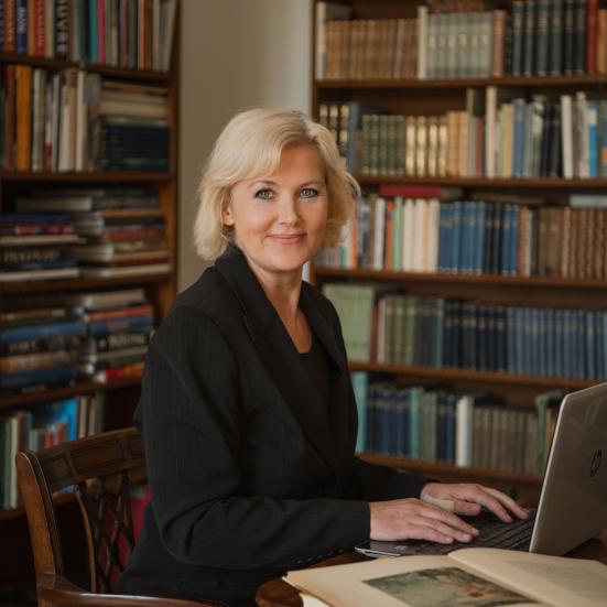 Portrætfoto af Anne-Matie Vedsø Olesen med bogreoler i baggrunden
