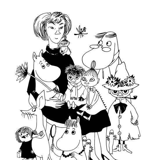 Tegning af Tove Jansson med sine Mumifigurer