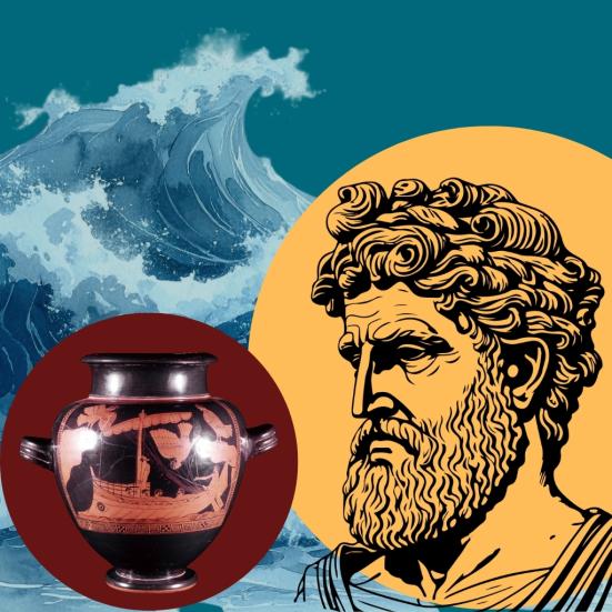 Grafik af græsk vase, Homer og en voldsom bølge