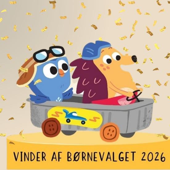 To animerede figurer - hvor den ene er Børste - sidder i en lille legetøjsbil med konfetti i baggrunden.