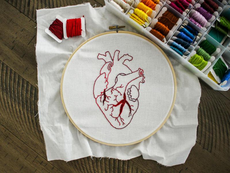 Et broderi af et anatomisk korrekt hjerte