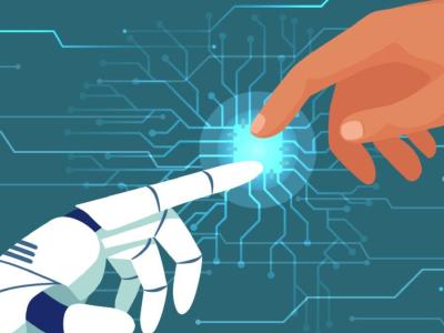 Tegning af en robothånd og en menneskehånd, der næsten rører hinanden