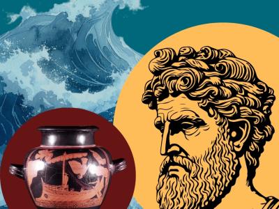 Grafik af græsk vase, Homer og en voldsom bølge