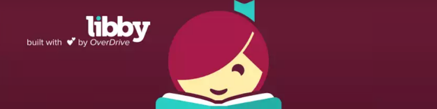 Pige med sløjfe i håret læser en bog. Baggrundsfarven er bordeaux. Ved siden af pigen står teksten "Libby"