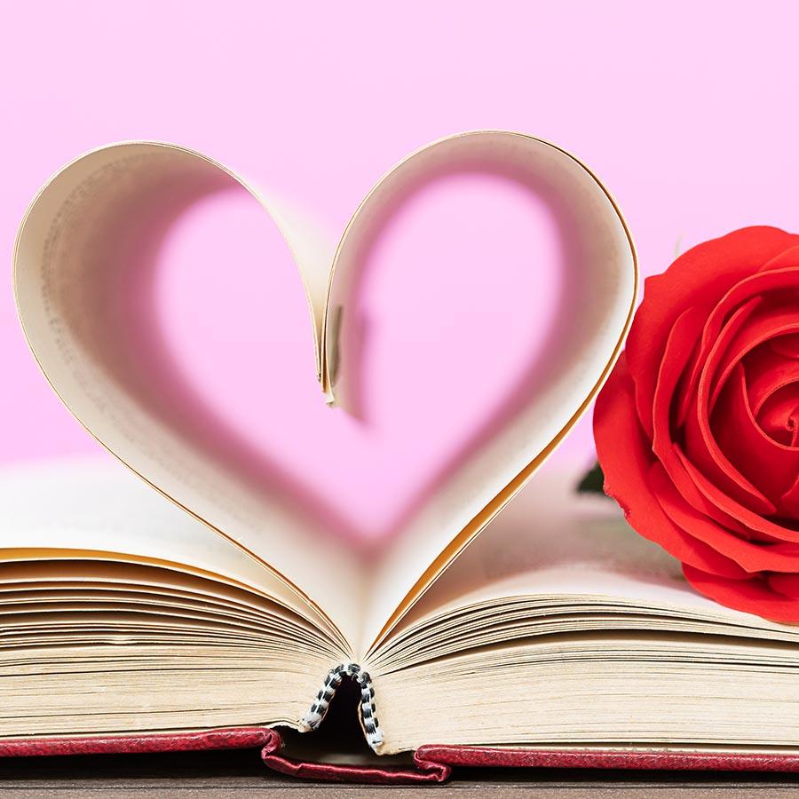 Foto af en rød rose og bogsider, der danner et hjerte 